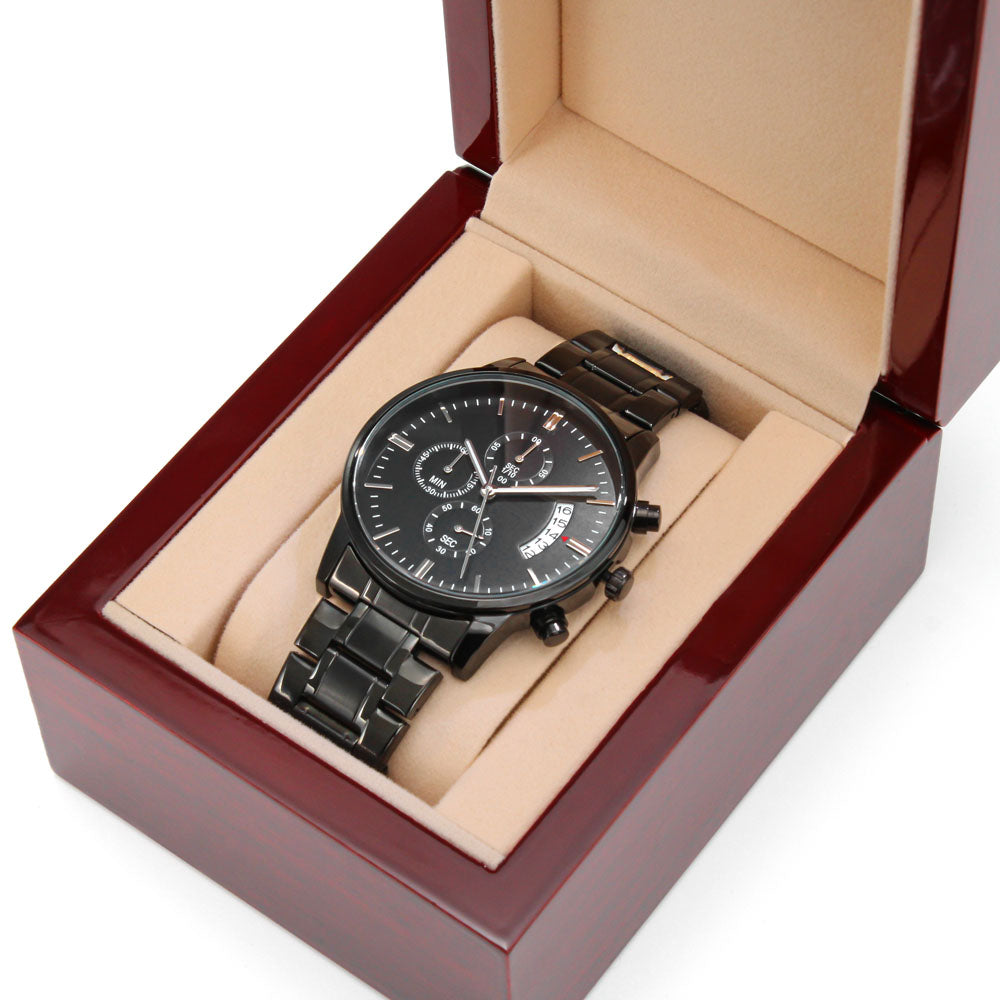 Proud To Be Your Wife I HUSBAND I Engraved Design Black Chronograph Watch