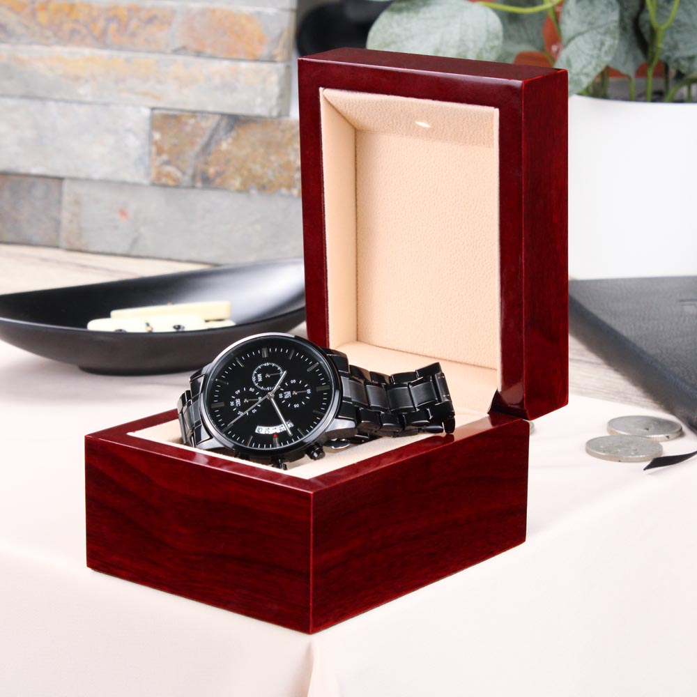 Proud To Be Your Wife I HUSBAND I Engraved Design Black Chronograph Watch